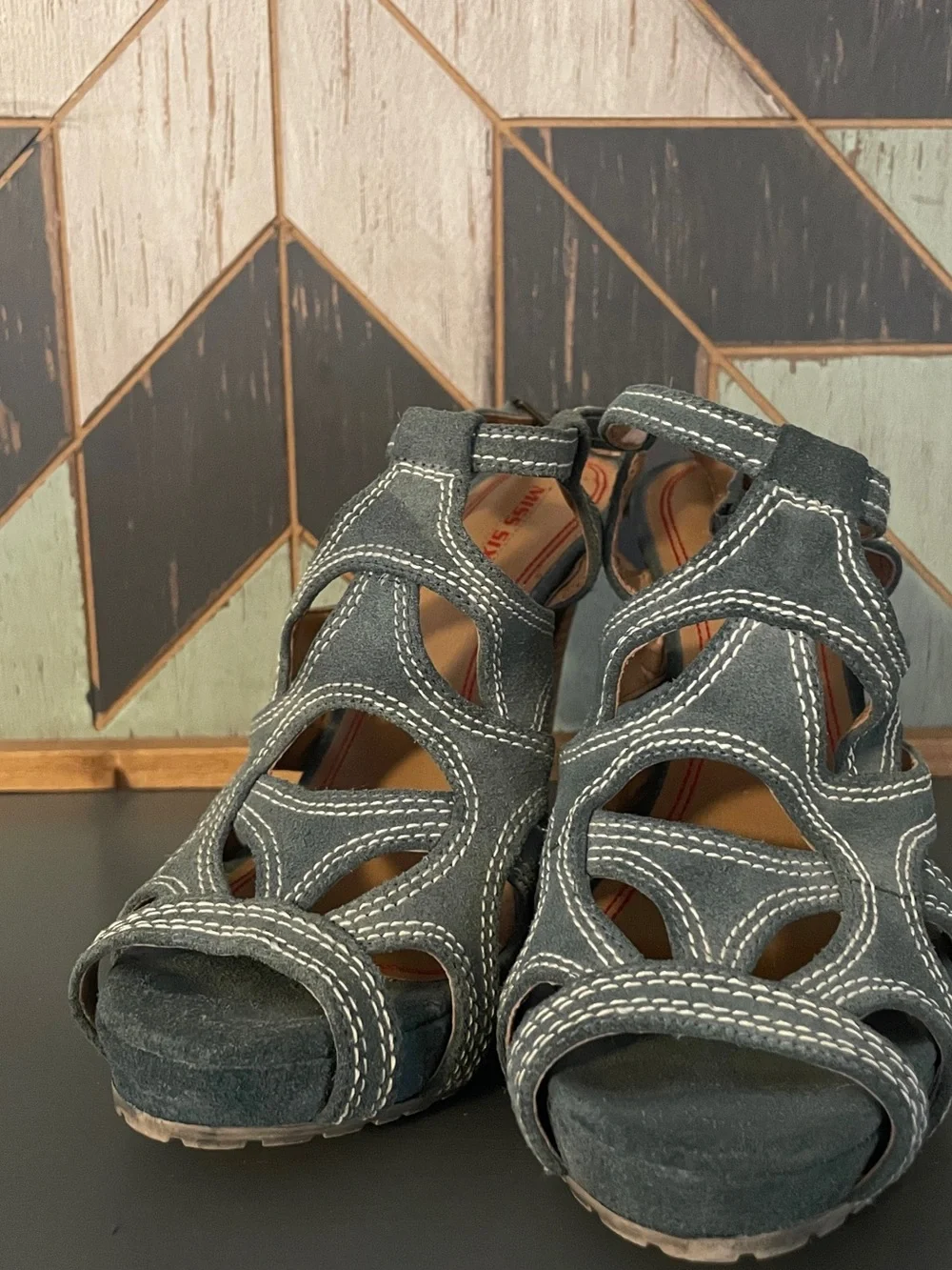 Vintage Y2K Miss Sixty “Indigo” Blue Gray Suede Wood Platform High Heels US 8